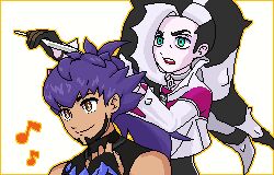 2boys aoshima_(pidove810) belt black_hair commentary_request cropped_jacket dark-skinned_male dark_skin facial_hair green_eyes holding jacket leon_(pokemon) leon_(sygna_suit)_(pokemon) long_hair lowres male_focus multicolored_hair multiple_boys musical_note official_alternate_costume open_mouth piers_(pokemon) pixel_art pokemon pokemon_masters_ex pokemon_swsh purple_hair revision shirt teeth two-tone_hair upper_teeth_only white_background white_hair white_jacket yellow_eyes 