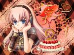  arm_support armband blue_eyes cake detached_sleeves food happy_birthday headphones lace long_hair megurine_luka pink_hair smile vocaloid 