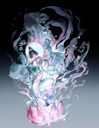  1girl absurdres armlet black_hair bottle chinese_commentary commentary_request dress full_body gilles gradient_background green_shawl green_tube_top guanyin hair_bun hair_ornament hair_over_one_eye halo halo_behind_head hand_up highres holding holding_bottle jewelry lotus_hair_ornament lotus_pedestal official_alternate_costume one_eye_covered reverse:1999 see-through_clothes see-through_veil shawl short_hair sleeveless sleeveless_dress smoke snake_hair_ornament solo statue strapless tube_top tuesday_(reverse:1999) tuesday_(story_of_the_jade_vase)_(reverse:1999) veil violet_eyes white_dress 