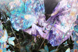  1girl absurdres ahoge arm_support artist_name black_gloves blue_eyes braid bug butterfly butterfly_hair_ornament butterfly_wings collared_dress commentary_request crossed_bangs dress from_above gakuen_idolmaster glitter glitter_dress gloves hair_between_eyes hair_ornament highres idolmaster insect_wings kaya_rinha knee_up long_dress looking_at_viewer mole mole_on_neck picture_frame purple_hair rainshower0705 shoes side_braid signature sitting solo twintails white_dress white_shoes wide_shot wings 