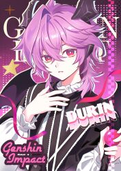  1boy absurdres bright_pupils character_name collar colored_eyelashes commentary crossed_bangs diamond-shaped_pupils diamond_(shape) dragon_boy dragon_horns dragon_wings durin_(genshin_impact) english_text frilled_collar frilled_sleeves frills genshin_impact hair_between_eyes hand_on_own_chest highres horns looking_at_viewer male_focus multicolored_eyes purple_hair solo symbol-only_commentary symbol-shaped_pupils white_pupils wings yoshie263 