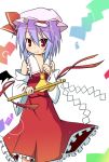  ascot bad_id bat_wings blue_hair cosplay detached_sleeves gohei gradient_hair hakurei_reimu hakurei_reimu_(cosplay) hat ichihina miko multicolored_hair purple_hair red_eyes remilia_scarlet short_hair solo touhou two-tone_hair wings 