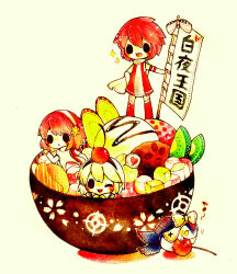  3girls ? anmitsu_(dessert) cherry chibi chibi_only commentary_request female_corrin_(fire_emblem) fire_emblem fire_emblem_fates food fruit hinoka_(fire_emblem) lime_(fruit) lime_slice multiple_girls on_food oversized_food oversized_object pointy_ears red_hair robe sakura_(fire_emblem) short_hair simple_background sparkle tongue tongue_out translation_request white_background yukichi_0611 