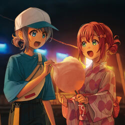  2girls alternate_hairstyle bag blue_eyes blue_shirt blush bow brown_hair casual commentary_request cotton_candy food from_side green_eyes grey_hair hair_bow hair_ornament hairclip holding holding_cotton_candy holding_food hotechige japanese_clothes kimono kurosawa_ruby looking_at_another love_live! love_live!_sunshine!! multiple_girls night official_art open_mouth outdoors photo_(medium) photo_background pink_hair pink_kimono ponytail red_hair ribbon shirt short_hair short_ponytail short_sleeves shoulder_bag sky smile watanabe_you 