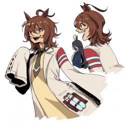  2girls :d agnes_tachyon_(tach-nology)_(umamusume) agnes_tachyon_(umamusume) ahoge animal_ears black_hair brown_hair chemical_structure commentary cropped_torso earrings english_commentary from_side furrowed_brow hair_between_eyes horse_ears horse_girl jewelry lab_coat long_sleeves looking_at_viewer manhattan_cafe_(umamusume) multiple_girls multiple_views necktie profile short_necktie simple_background single_earring sleeves_past_fingers sleeves_past_wrists smile standing sweater teeth test_tube umamusume wanderjegson white_background yellow_necktie yellow_sweater 