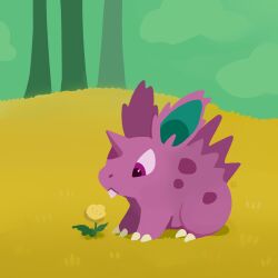  claws commentary dandelion english_commentary field flower grass highres horns looking_at_flowers nidoran nidoran_(male) outdoors pokemon pokemon_(creature) pokemon_focus rumwik single_horn sky teeth tree violet_eyes yellow_flower 