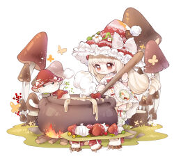  1girl absurdres animal blonde_hair border bound bow bow_button bow_legwear bowl bowtie bug butterfly campfire capelet cat cauldron chibi chinese_commentary choker clothed_animal commentary_request cooking cross-laced_clothes cross-laced_dress dress dripping ears_through_headwear floral_print flower frilled_bow frilled_choker frilled_headwear frilled_leg_warmers frilled_wrist_cuffs frills full_body grass hair_ornament hair_scrunchie hat hat_bow hat_flower highres holding holding_bowl holding_spoon human_sacrifice infinity_nikki leg_warmers light_particles long_hair looking_at_food low-tied_long_hair momo_(nikki) mushroom nikki_(series) nuli_de_chengzhi_er official_alternate_costume oversized_object pink_bow plant pom_pom_(clothes) print_dress puffy_short_sleeves puffy_sleeves red_bow red_bowtie red_capelet red_hat scrunchie short_sleeves shroomling_(infinity_nikki) sky spoon square_neckline standing steam stew stirring sweet_waltz_(infinity_nikki) tied_up_(nonsexual) very_long_hair vines whiskers white_border white_cat white_choker white_dress white_flower white_leg_warmers white_scrunchie white_wrist_cuffs witch witch_hat wrist_cuffs yellow_butterfly 