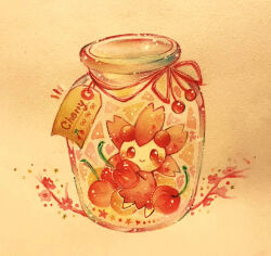  blush cherrim cherrim_(sunshine) cherry closed_mouth commentary_request food fruit full_body in_container in_jar jar name_connection no_humans object_namesake painting_(medium) pokemon pokemon_(creature) simple_background solo traditional_media watercolor_(medium) yukichi_0611 