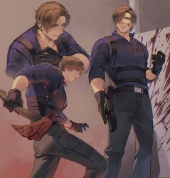 1boy absurdres axe beard_stubble black_gloves black_pants blue_shirt brown_hair collared_shirt cowboy_shot dbox_2525 facial_hair gloves gun hair_over_one_eye highres holding holding_axe holding_gun holding_weapon leon_s._kennedy male_focus multiple_views one_eye_closed pants parted_bangs resident_evil resident_evil_requiem shirt short_hair solo stubble sweat weapon 