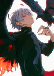  1boy absurdres animal arm_up bird black_nails black_shirt crow earrings falling_feathers feathered_wings feathers fingernails hashtag-only_commentary highres hinakusa17 jewelry kuzuha_(nijisanji) long_sleeves male_focus multiple_earrings nijisanji pants parted_bangs piercing pointy_ears red_eyes red_pants ring sharp_fingernails shirt slit_pupils solo turtleneck vcr_gta virtual_youtuber white_hair wings 