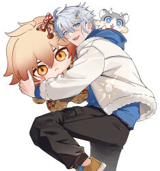  1boy alternate_costume black_pants blue_hoodie character_doll chimera_(honkai:_star_rail) commentary_request doll fur-trimmed_jacket fur_trim hair_ornament hairpin highres honkai:_star_rail honkai_(series) hood hood_down hoodie hugging_doll hugging_object jacket liyue_so_good male_focus mydei_(honkai:_star_rail) open_clothes open_jacket pants phainon_(honkai:_star_rail) phainon_(vigethos)_(honkai:_star_rail) shoes simple_background solo sun_print white_background white_jacket yellow_shoes 