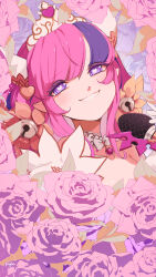  1girl bell closed_mouth commentary crown demon_girl demon_horns english_commentary epebe flower hair_bell hair_ornament heart heart-shaped_pupils highres horns ironmouse ironmouse_(birthday) jingle_bell long_hair looking_at_viewer multicolored_hair pink_flower pink_hair pointy_ears purple_streaks smile solo streaked_hair symbol-shaped_pupils very_long_hair virtual_youtuber vshojo 