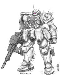  1other 2026 artist_name commentary drum_magazine english_commentary full_body greyscale gun gundam holding holding_gun holding_weapon horns magazine_(weapon) mecha mecha_focus meganerid missile_pod mobile_suit mobile_suit_gundam monochrome one-eyed original radio_antenna redesign robot science_fiction shoulder_spikes simple_background single_horn size_comparison spikes spot_color standing thrusters violet_eyes weapon zaku_ii 