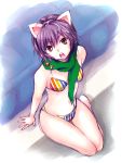  badge bikini brown_eyes button_badge cat_ears fang kobayakawa_rinko love_plus purple_hair scarf shinogi_k short_hair sketch striped striped_bikini striped_swimsuit swimsuit 