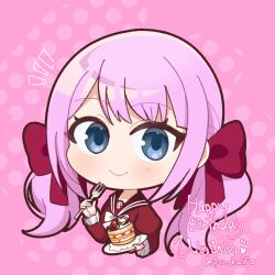  1girl assault_lily blue_eyes blush bow bowtie brown_sailor_collar cake character_name chibi closed_mouth commentary_request cropped_torso food fork frilled_sleeves frills hands_up happy_birthday highres holding holding_fork holding_plate juliet_sleeves kanba_girls_high_school_uniform long_hair long_sleeves looking_at_viewer notice_lines pink_background pink_hair plate polka_dot polka_dot_background ponokaijo puffy_sleeves red_bow red_bowtie sadamori_himeka sailor_collar school_uniform serafuku smile solo twintails twitter_username upper_body white_bow white_bowtie 