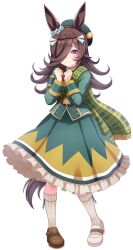  1girl animal_ears asymmetrical_footwear beret blush braid brown_hair cape closed_mouth commentary_request cosplay crown_braid flipped_hair full_body green_cape green_hat green_jacket green_skirt hair_over_one_eye hat highres hokuyukis horse_ears horse_girl horse_tail jacket long_hair long_sleeves looking_at_viewer mismatched_footwear ribbed_socks rice_shower_(umamusume) side_cape simple_background skirt socks solo tail umamusume violet_eyes white_background white_socks zenno_rob_roy_(heroic_author)_(umamusume) zenno_rob_roy_(umamusume) zenno_rob_roy_(umamusume)_(cosplay) 