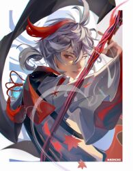  1boy anemo_symbol_(genshin_impact) genshin_impact grey_hair haekchi hair_between_eyes highres japanese_clothes kaedehara_kazuha leaf looking_to_the_side male_focus parted_lips red_eyes red_streaks short_hair sideways_glance solo tassel teeth upper_body vision_(genshin_impact) 