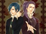  alternate_hairstyle artist_request blue_eyes blue_hair cravat flower formal kaito kamui_gakupo looking_at_viewer male multiple_boys nail_polish outstretched_arm purple_hair rose suit vocaloid 