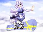  bad_id breasts hat lavender_eyes lavender_hair letty_whiterock outstretched_arms saturnon scarf short_hair snowboard solo spread_arms touhou 