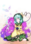  a_c absurdres bad_id blush closed_eyes eyes_closed flower green_hair hat highres komeiji_koishi petals short_hair sitting sleeves_past_wrists smile solo touhou 