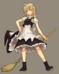  ahoge and apron aqua_eyes bamboo_broom blonde_hair bloomers bow braid broom frills hair_bow hand_on_hip hat hat_removed headwear_removed hips kirisame_marisa simple_background smile solo standing touhou witch witch_hat 