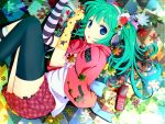  armband asymmetrical_clothes asymmetrical_clothing bad_id blue_eyes cellphone checkered checkered_floor digital_media_player elbow_gloves flower gloves green_hair hair_flower hair_ornament hatsune_miku headphones highres ipod liuli long_hair lying open_mouth phone single_thighhigh skirt solo striped striped_gloves thigh-highs thighhighs vocaloid 