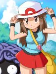  1girl bag between_breasts blue_(pokemon) breasts brown_eyes brown_hair hand_on_hat hat leaf_(pokemon) long_hair pokemoa pokemon pokemon_(creature) pokemon_(game) pokemon_frlg pokemon_rgby skirt smile strap_cleavage tangela vs_seeker 