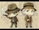  back_to_the_future blue_eyes brown_hair chibi doc_brown emmett_brown gun hat male marty_mcfly mayu_(airmods) multiple_boys pixiv smile weapon white_hair 