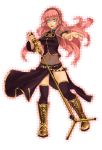  and blue_eyes boots foreshortening long_hair megurine_luka microphone navel open_mouth outstretched_arm pink_hair polka_dot solo thigh-highs thighhighs vocaloid 