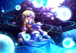  arm_warmers blonde_hair blue_eyes bridge cherry_blossoms curtsey dress dress_lift fireflies glowing highres light_smile mizuhashi_parsee moon pointy_ears ryosios scarf short_hair sky solo star_(sky) starry_sky touhou tree wading water 