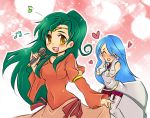  blue_hair dress elincia_ridell_crimea fire_emblem fire_emblem:_akatsuki_no_megami fire_emblem:_souen_no_kiseki gloves green_hair hair_over_one_eye long_hair luchino lucia_(fire_emblem) microphone multiple_girls muzo orange_dress smile 