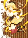  bad_id beret blonde_hair boots breasts checkered checkered_background drill_hair hair_ornament hat large_breasts magical_girl mahou_shoujo_madoka_magica pekikokko pleated_skirt puffy_sleeves ribbon skirt solo thigh-highs thighhighs tomoe_mami yellow_eyes zettai_ryouiki 