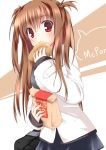  blush brown_hair coat eating kue long_hair looking_at_viewer mcdonald&#039;s mcdonald's original paper_bag product_placement red_eyes sandwich skirt solo tororo_inniina twintails 