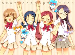  blush bow brown_hair chypre_(heartcatch_precure!) closed_eyes coffret coffret_(heartcatch_precure!) cologne_(heartcatch_precure!) cologne_(precure) eyes_closed glasses hanasaki_tsubomi hand_holding heartcatch_precure! holding_hands kurumi_erika long_hair myoudouin_itsuki open_mouth potpourri_(heartcatch_precure!) potpourri_(precure) precure purple_hair red_hair redhead school_uniform short_hair shypre skirt smile touon tsukikage_yuri twintails 