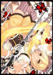  bad_id beret blonde_hair blush body_blush boots border brown_legwear butterfly checkered checkered_background checkered_floor detached_sleeves drill_hair dutch_angle gun hair_ornament hairpin hat looking_at_viewer looking_back magical_girl magical_musket mahou_shoujo_madoka_magica outstretched_arm outstretched_hand pleated_skirt puffy_sleeves ribbon rifle short_hair sitting skirt solo sparkle takuan_(takuan0907) thigh-highs thighhighs tomoe_mami twin_drills twintails vertical-striped_legwear vertical_stripes weapon yellow_eyes zettai_ryouiki 