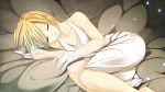  bare_shoulders barefoot blonde_hair closed_eyes dress eyes_closed fetal_position hair_ornament hair_ribbon hairclip kagamine_rin lying mikago_kotaro on_side open_mouth ribbon short_hair sleeping solo vocaloid white_dress 