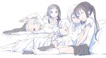  5girls akiyama_mio black_hair casual chin_rest closed_eyes heart hirasawa_yui k-on! kneehighs kotobuki_tsumugi legwear long_hair lying monochrome multiple_girls nakano_azusa on_side raglan_sleeves short_hair sino_(rtlsino) skirt sleeping spot_color stockings tainaka_ritsu thighhighs twintails wink 