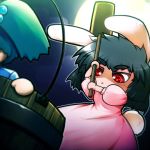  :&lt; animal_ears black_hair bucket bunny_ears bunny_tail cff chibi evil eyebrows girl_in_bucket green_hair hair_bobbles hair_ornament in_bucket in_container inaba_tewi kanno_kengo kisume mallet multiple_girls red_eyes short_hair tail thick_eyebrows touhou 