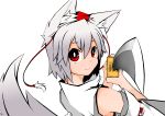  absurdres animal_ears bad_id bare_shoulders close detached_sleeves hat highres inubashiri_momiji red_eyes short_hair silver_hair smile solo sword tail takewaka tokin_hat touhou weapon white wolf_ears wolf_tail 