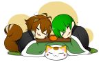  brown_hair cat echigoya_(kurodakai) green_hair hazama kotatsu makoto_nanaya smile table tail 