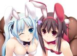  all_fours animal_ears blue_eyes blue_hair brown_hair bunny_ears bunnysuit character_request fujirin highres long_hair multiple_girls pantyhose red_eyes source_request tomokazu_sugita_no_anigera_deduuun tongue twintails wink 