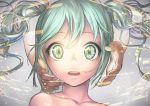  bare_shoulders close-up collarbone face green_eyes green_hair hands hatsune_miku long_hair looking_at_viewer open_mouth takekono twintails vocaloid 