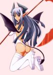  ass bare_back bat_wings boots demon_girl demon_tail expressionless high_heels horns kojou legs leotard long_hair looking_back original pointy_ears red_eyes scythe shoes simple_background solo succubus swimsuit tail thigh-highs thigh_boots thighhighs thighs thong_leotard white_legwear wings 