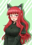  :3 absurdres alternate_hairstyle animal_ears blush breasts bust cat_ears extra_ears fang hair_down highres kaenbyou_rin large_breasts long_hair looking_away open_mouth red_eyes red_hair redhead smile solo sweatdrop touhou uma_(fkmtyum) 