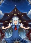  bad_id blue_hair breasts dress east_asian_architecture highres kamishirasawa_keine long_hair no_hat no_headwear omega_(endsunrise) outstretched_arms red_eyes scroll shrine silver_hair solo spread_arms temple touhou 