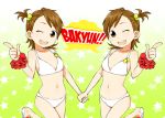  brown_eyes brown_hair flat_chest flower futami_ami futami_mami hanatsuka hand_holding hibiscus holding_hands idolmaster siblings side_ponytail sisters swimsuit symmetry twins 
