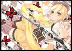  bad_id beret blonde_hair blush body_blush boots border brown_legwear butterfly checkered checkered_background checkered_floor detached_sleeves drill_hair dutch_angle gun hair_ornament hairpin hat leaning_forward looking_at_viewer looking_back magical_girl magical_musket mahou_shoujo_madoka_magica outstretched_arm outstretched_hand pleated_skirt puffy_sleeves ribbon rifle short_hair skirt solo sparkle standing takuan_(takuan0907) thigh-highs thighhighs tomoe_mami twin_drills twintails vertical-striped_legwear vertical_stripes weapon yellow_eyes zettai_ryouiki 