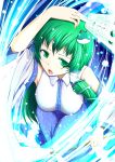  absurdres breasts detached_sleeves frog gohei green_eyes green_hair hair_ornament highres kochiya_sanae large_breasts long_hair ofuda open_mouth snake solo spell_card tama_go touhou 