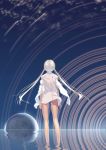  highres joeian kneepits long_hair looking_up motion_blur naked_shirt nude original planet reflection see-through shirt shirt_on_shoulders solo standing star twintails very_long_hair wading water white_hair 