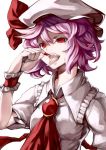  ascot blood brooch bust fangs hat jewelry jpeg_artifacts open_mouth pink_hair purple_hair red_eyes remilia_scarlet ribbon short_hair short_sleeves solo sukocchi tongue tongue_out touhou vampire wrist_cuffs 